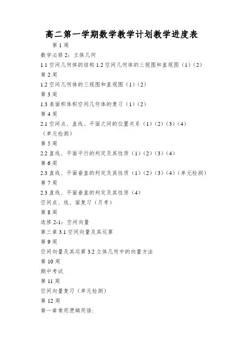 高二第一学期数学教学计划教学进度表