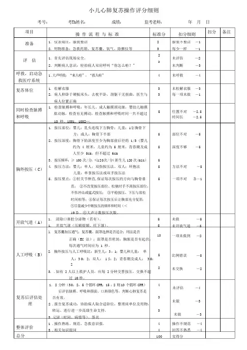 小儿心肺复苏操作评分细则(新版)
