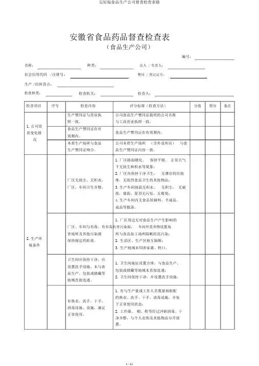 完整版食品生产企业监督检查表格