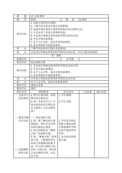 六年级科学上册《水质调查》教学设计