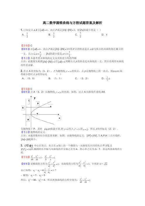 高二数学圆锥曲线与方程试题答案及解析
