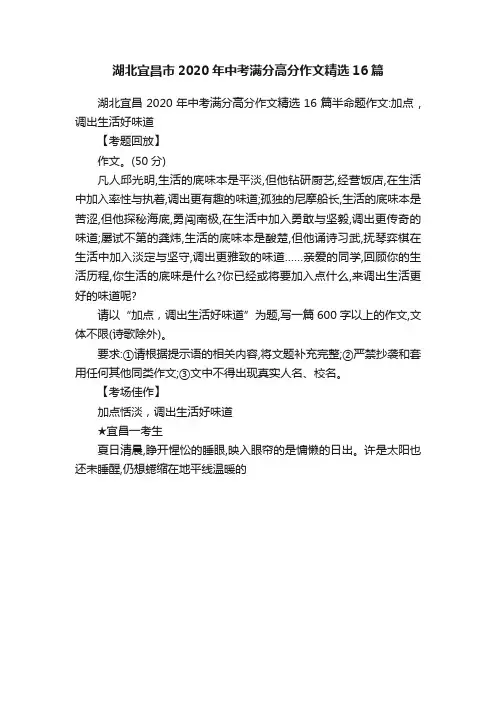 湖北宜昌市2020年中考满分高分作文精选16篇