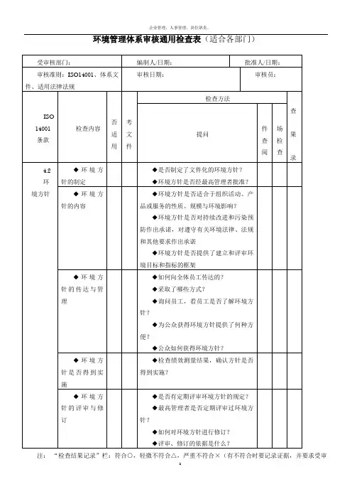 环境管理体系审核通用检查表(适合各部门)