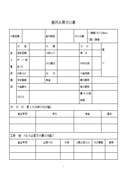 人事常用表格新员工入职应聘登记表