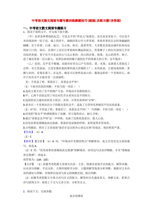 中考语文散文阅读专题专题训练解题技巧(超强)及练习题(含答案)