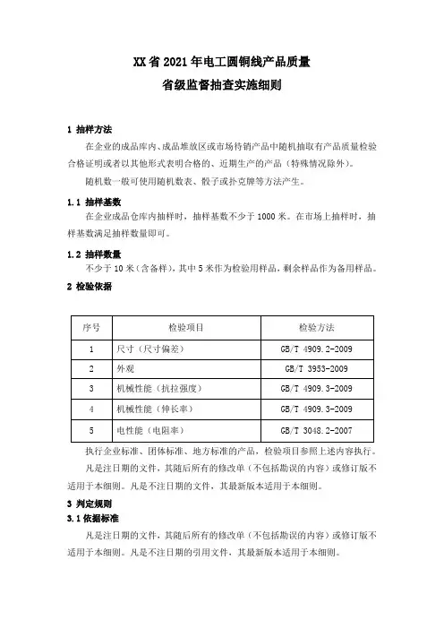 电工圆铜线产品质量省级监督抽查实施细则(2021年版)