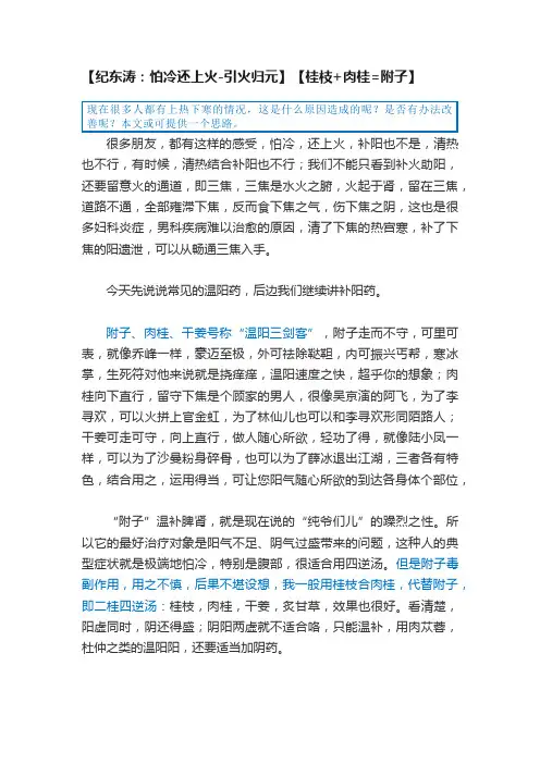 【纪东涛：怕冷还上火-引火归元】【桂枝+肉桂=附子】