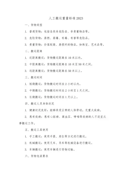 人工搬运重量标准2023
