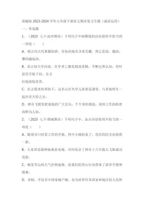 部编版2023-2024学年七年级下册语文期末复习专题(成语运用)