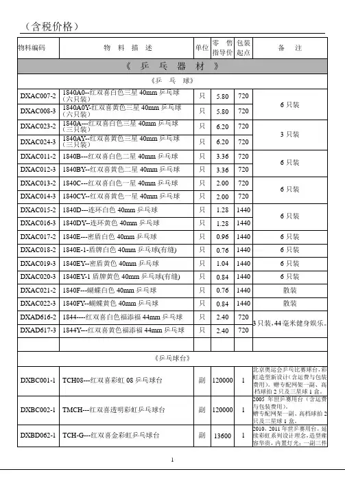 红双喜2011年产品价目表正文110505