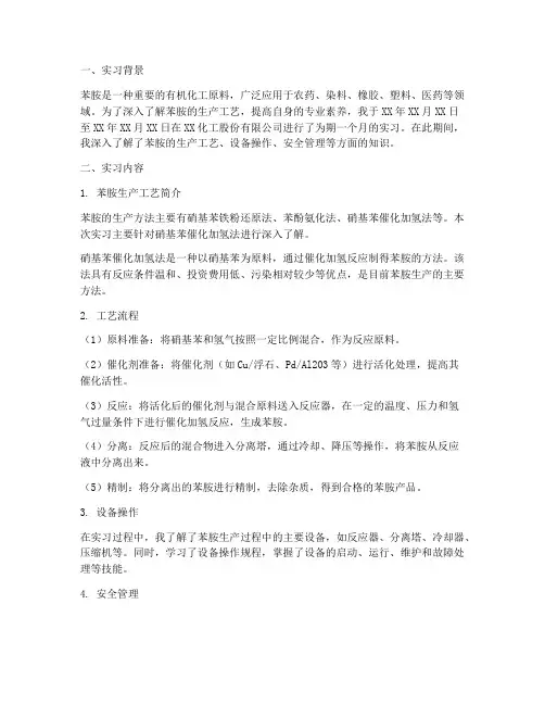 苯胺生产工艺实习报告