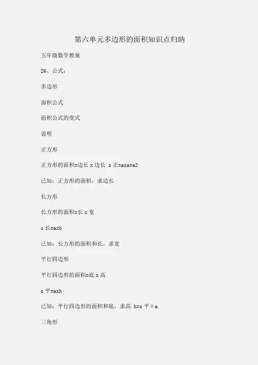 小学五年级数学第六单元多边形的面积知识点归纳