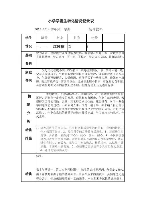 小学一年级学困生转化情况记录表