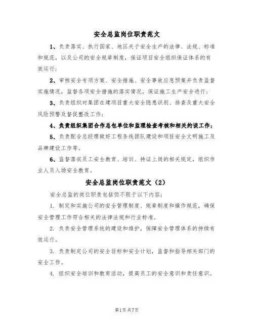 安全总监岗位职责范文(6篇)