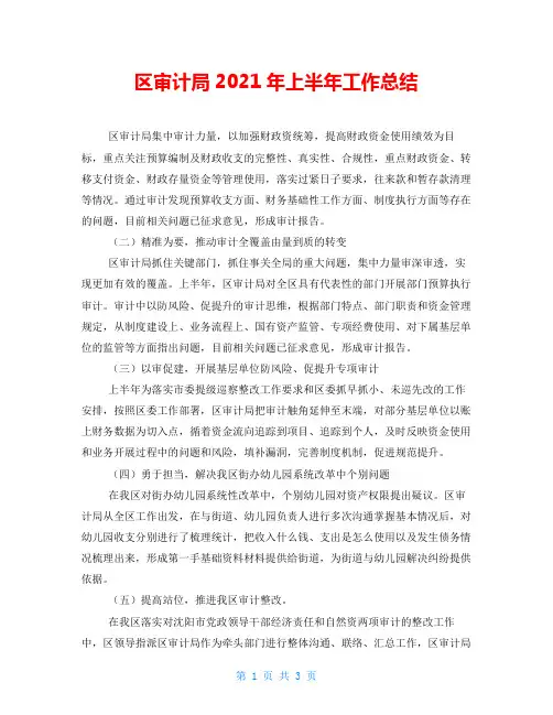 区审计局2021年上半年工作总结