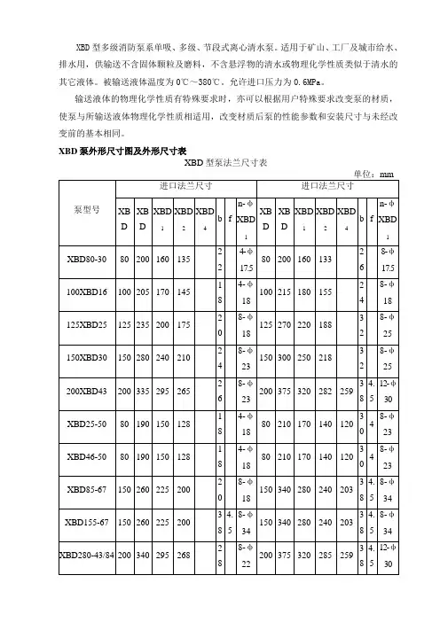 XBD型多级消防泵外形尺寸参数表长沙奔腾泵业共9页word资料