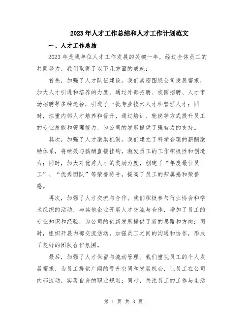 2023年人才工作总结和人才工作计划范文