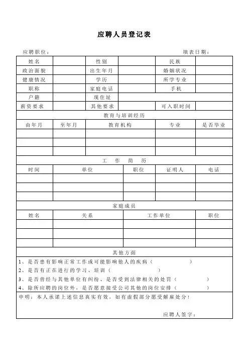 应聘人员登记表
