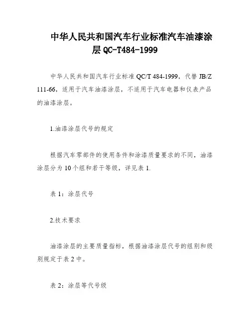 中华人民共和国汽车行业标准汽车油漆涂层QC-T484-1999