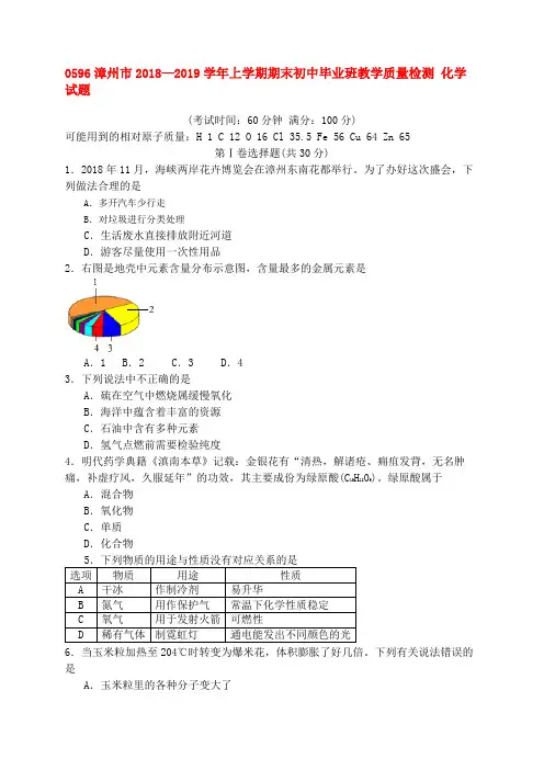 0596漳州市2018—2019学年上学期期末初中毕业班教学质量检测 化学试题