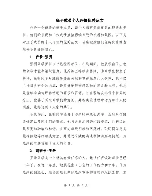班子成员个人评价优秀范文