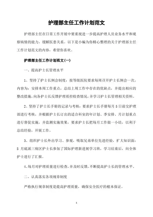 护理部主任工作计划范文