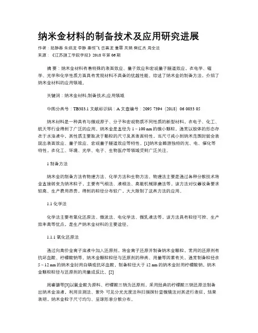 纳米金材料的制备技术及应用研究进展