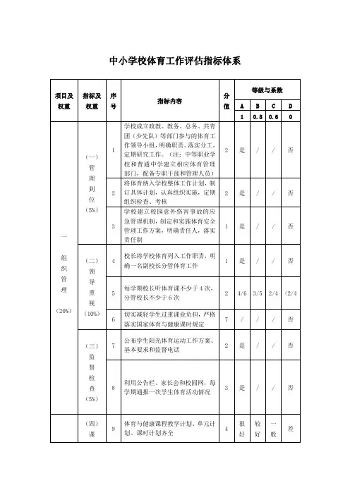 中小学校体育工作评估指标体系