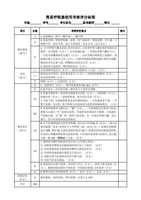 简易呼吸器使用考核评分标准