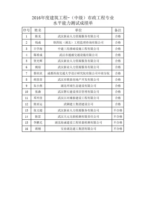 2016年度建筑工程-(中级)市政工程专业水平能力测试成绩单