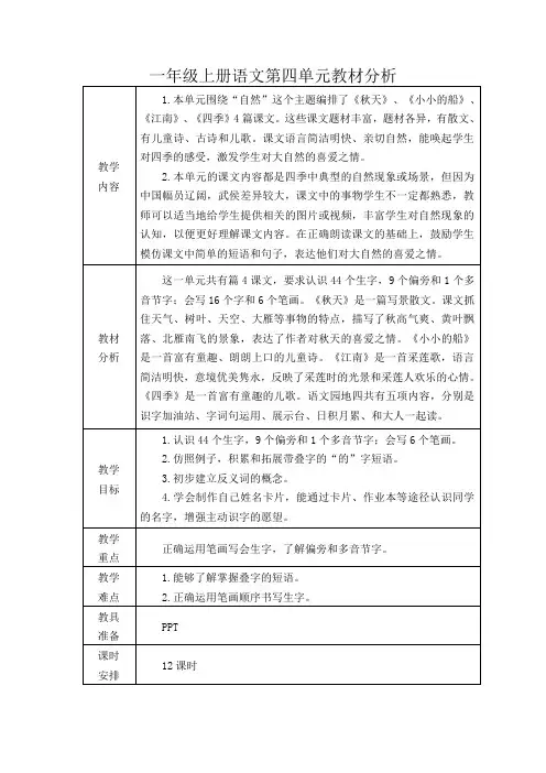 一年级上册语文第四单元教材分析