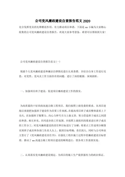 公司党风廉政建设自查报告范文2020