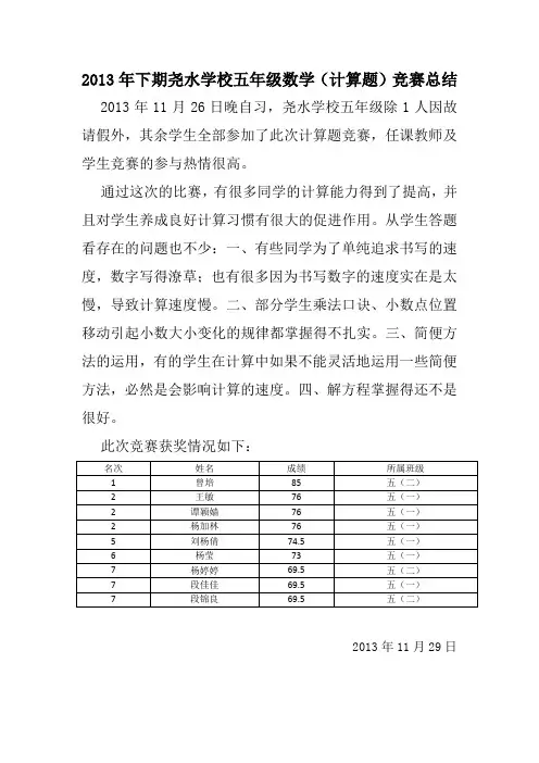 五年级数学计算题竞赛总结