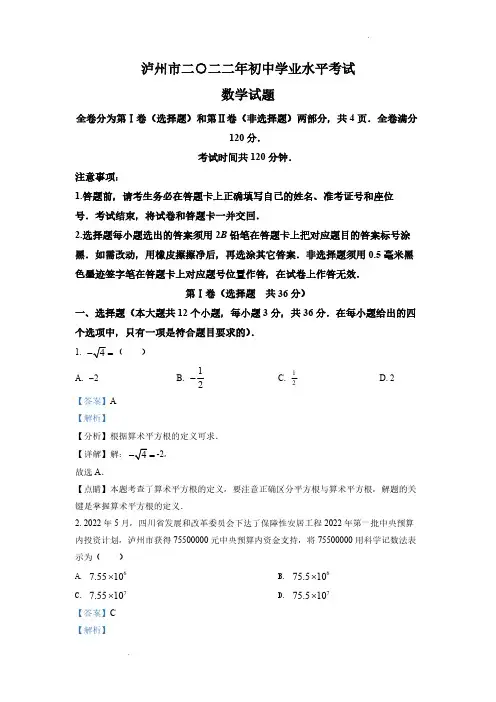 (中考精品卷)四川省泸州市中考数学真题(解析版)