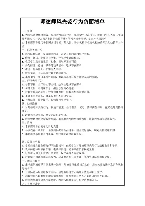 师德师风失范行为负面清单