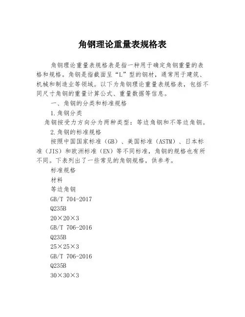 角钢理论重量表规格表