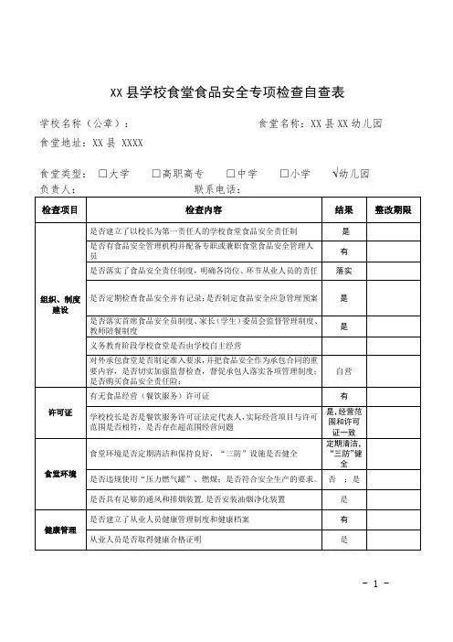 幼儿园食品安全自查表