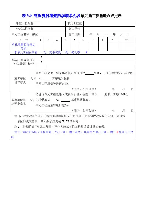 3.9高压喷射灌浆防渗墙单元工序工质量验收评定表表