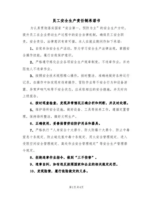 员工安全生产责任制承诺书(3篇)