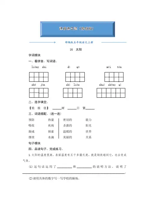 2020-2021部编版五年级语文上册《16太阳》课后练习题(附答案)