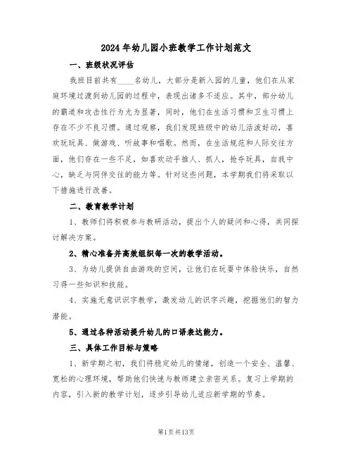 2024年幼儿园小班教学工作计划范文（五篇）