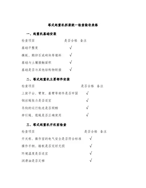 塔式起重机拆装统一检查验收表格