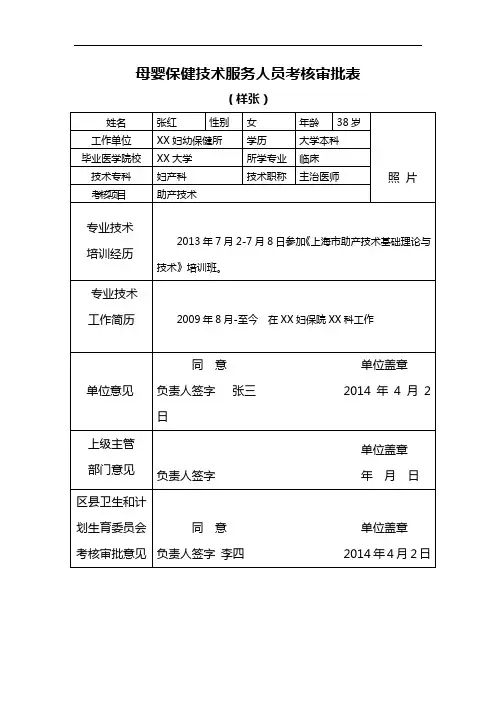 母婴保健技术服务人员考核审批表