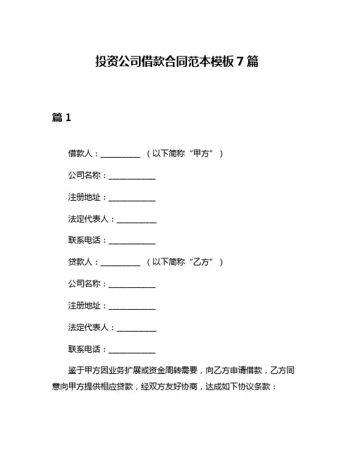 投资公司借款合同范本模板7篇