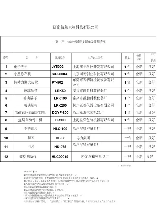 主要生产及检测设备清单