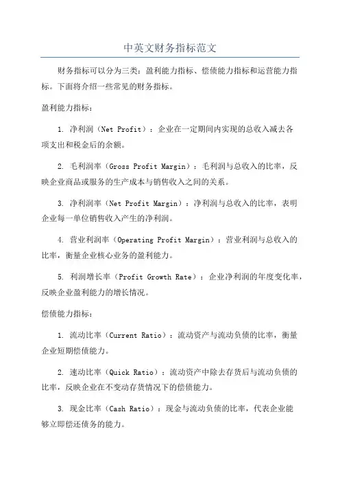中英文财务指标范文