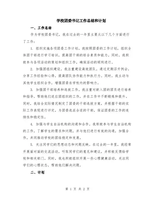 学校团委书记工作总结和计划