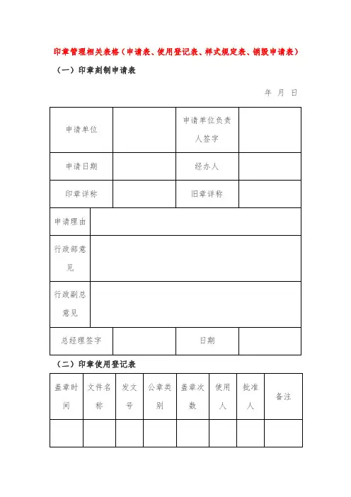 印章管理相关表格(申请表、使用登记表、样式规定表、销毁申请表)