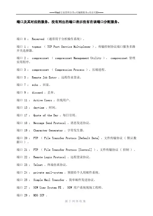 电脑端口及对应服务一览表