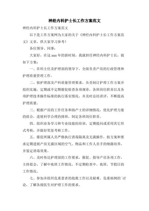 神经内科护士长工作计划范文